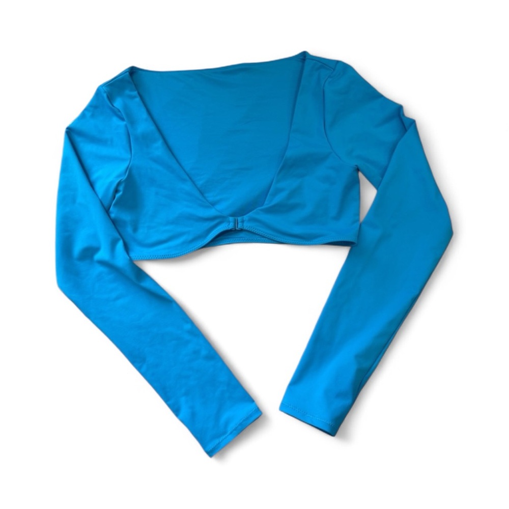 SKIMS Coverup Set: Swim Long Sleeve Shrug and Ruched Mini Skirt Turquoise